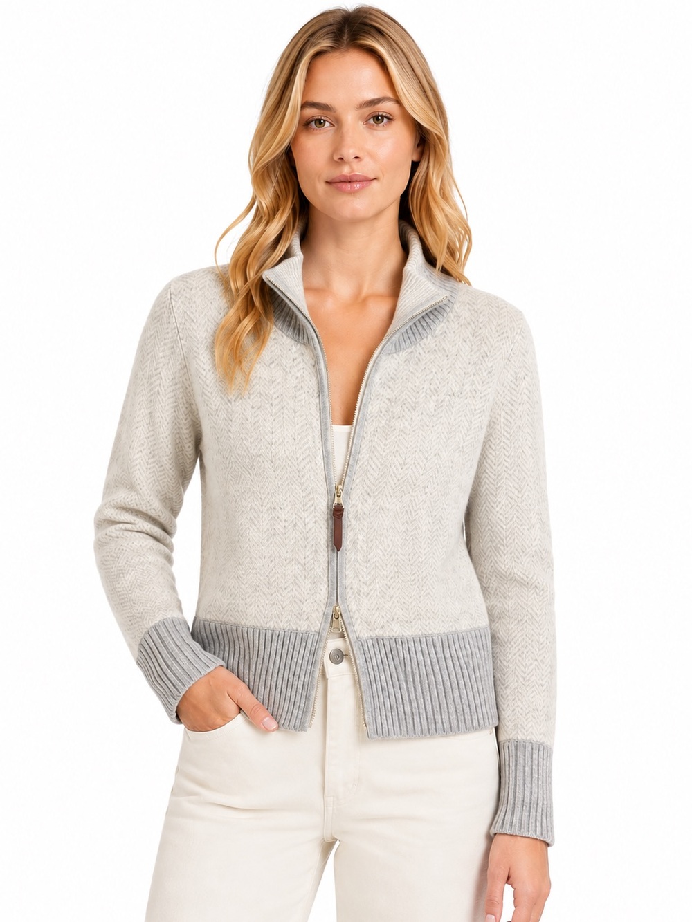 J McLaughlin Cashmere Full Zip Cardigan Sweater Jacket Size Small Grey Soft